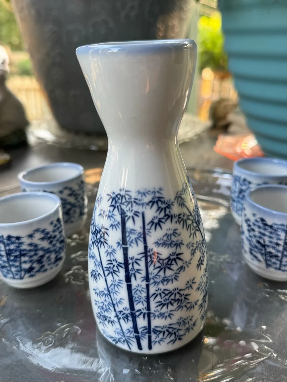 Kafuh Japan Blue & White Bamboo Porcelain Vintage Sake Set - 5 Pc